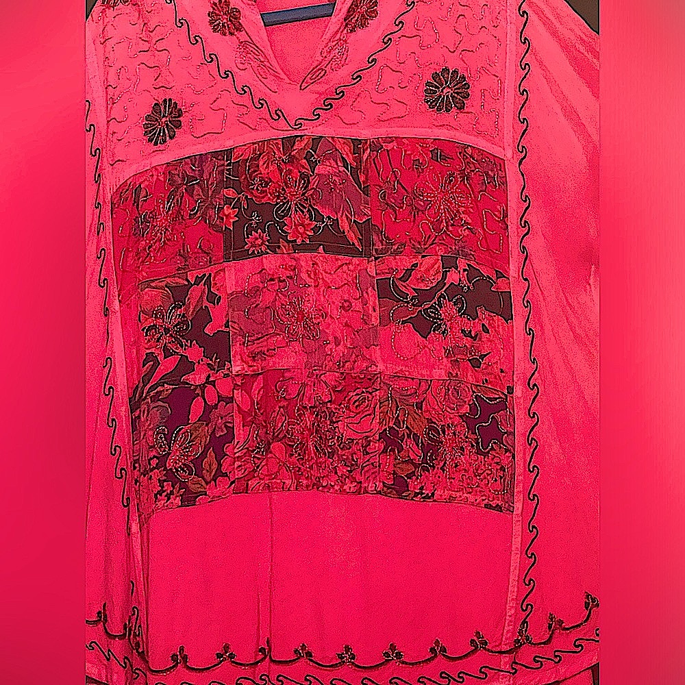 embroidered free size poncho tunic sh slv India Vtg Artisan full sweep cover up
